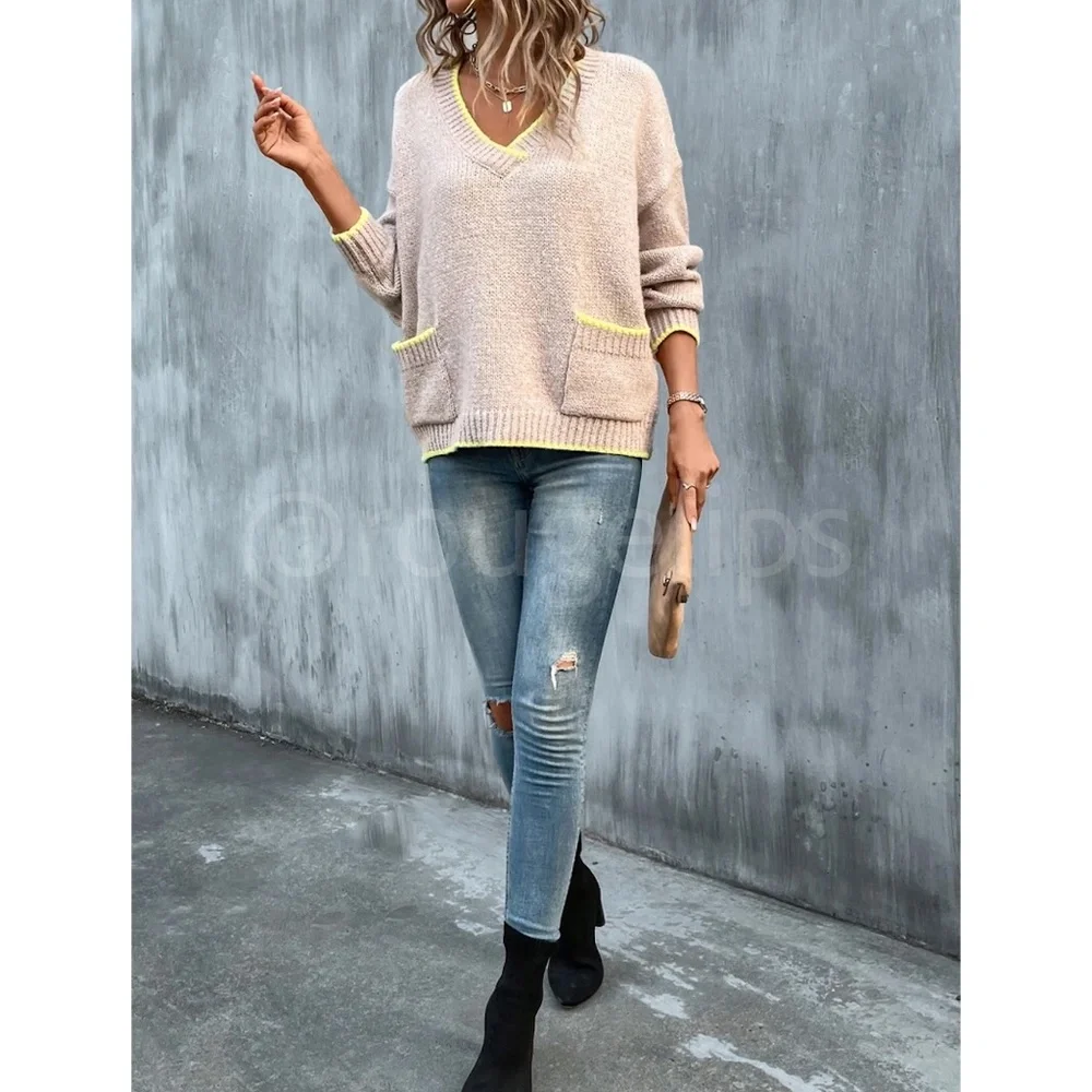 V-Neck Beige Pullover Knit Sweater Yellow Contrast Trim - Picture 5 of 12